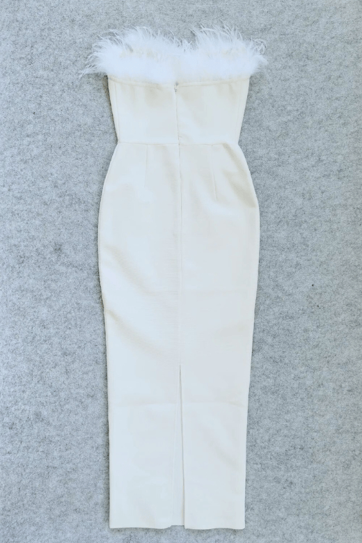 Woman wearing a figure flattering  Erin Bodycon Maxi Dress - Pearl White BODYCON COLLECTION