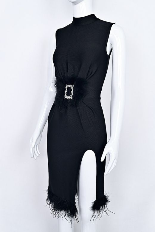 Woman wearing a figure flattering  Erin High Neck Bandage Dress -  Classic Black BODYCON COLLECTION