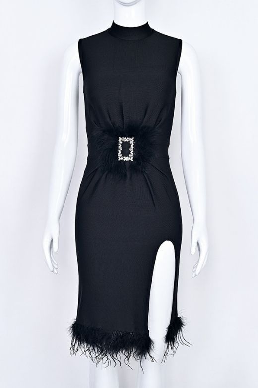 Woman wearing a figure flattering  Erin High Neck Bandage Dress -  Classic Black BODYCON COLLECTION