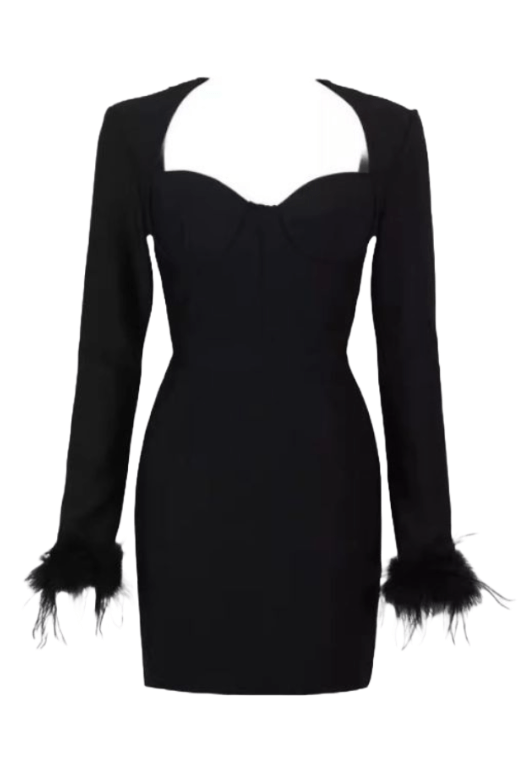 Woman wearing a figure flattering  Erin Long Sleeve Mini Dress - Classic Black BODYCON COLLECTION