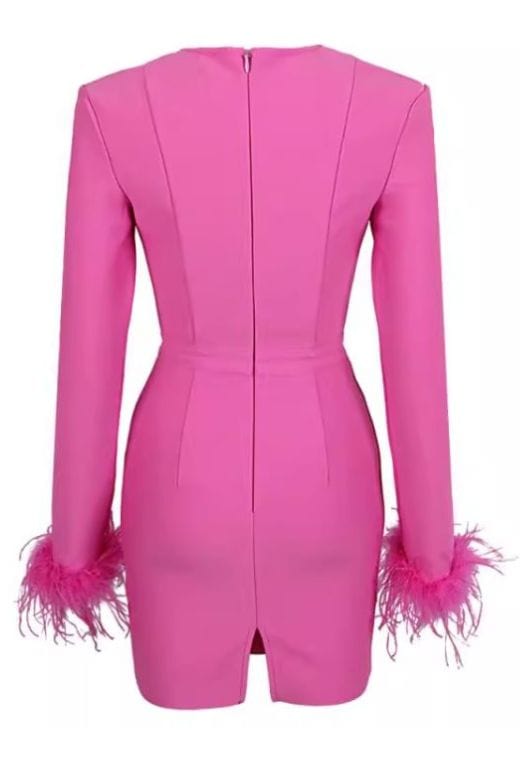 Woman wearing a figure flattering  Erin Long Sleeve Mini Dress - Hot Pink BODYCON COLLECTION