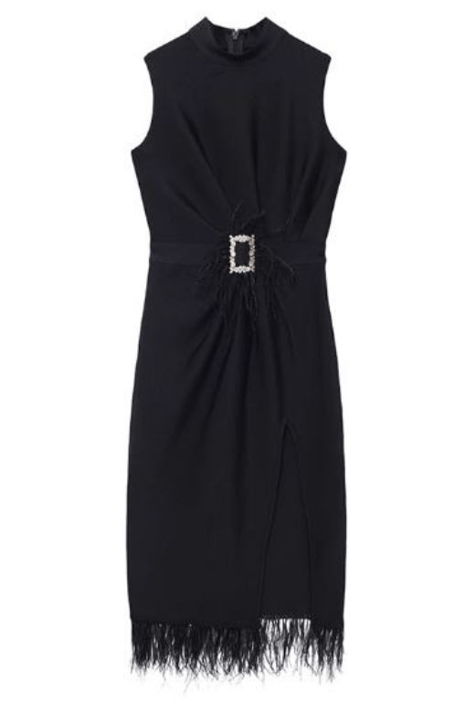 Woman wearing a figure flattering  Erin Sleeveless Bodycon Dress -  Classic Black BODYCON COLLECTION