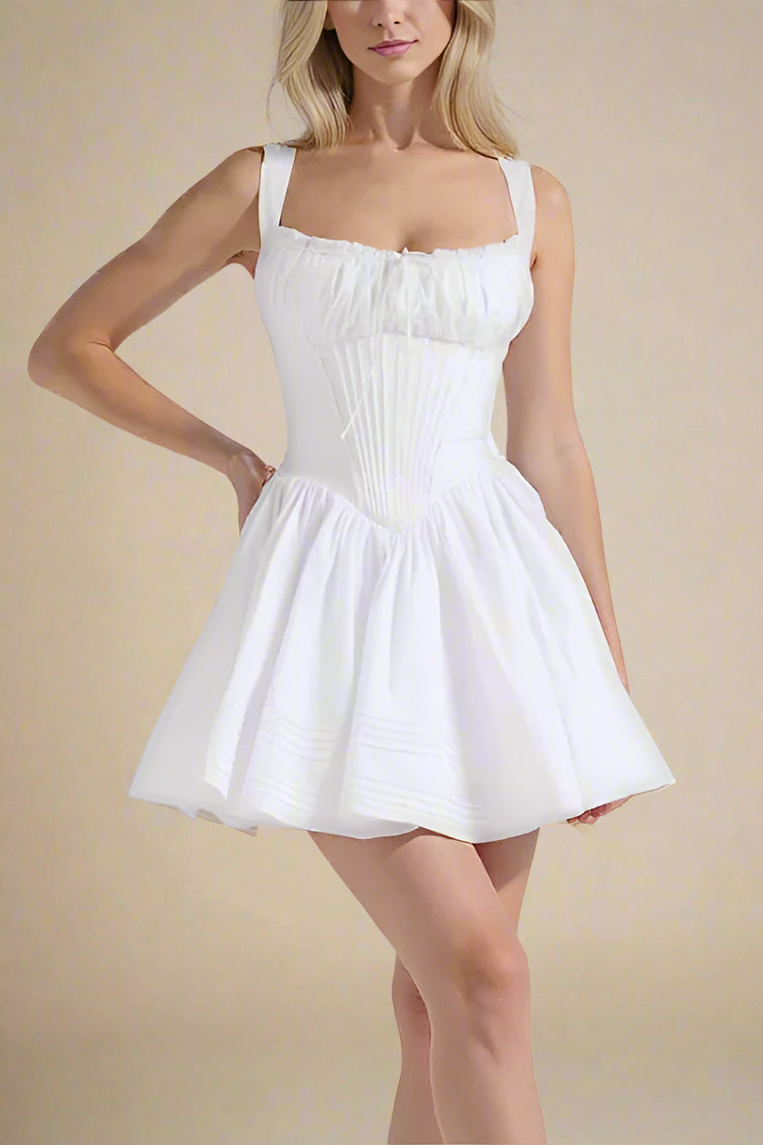 Woman wearing a figure flattering  Estelle Bodycon Mini Dress - White Pearl BODYCON COLLECTION Pty Ltd