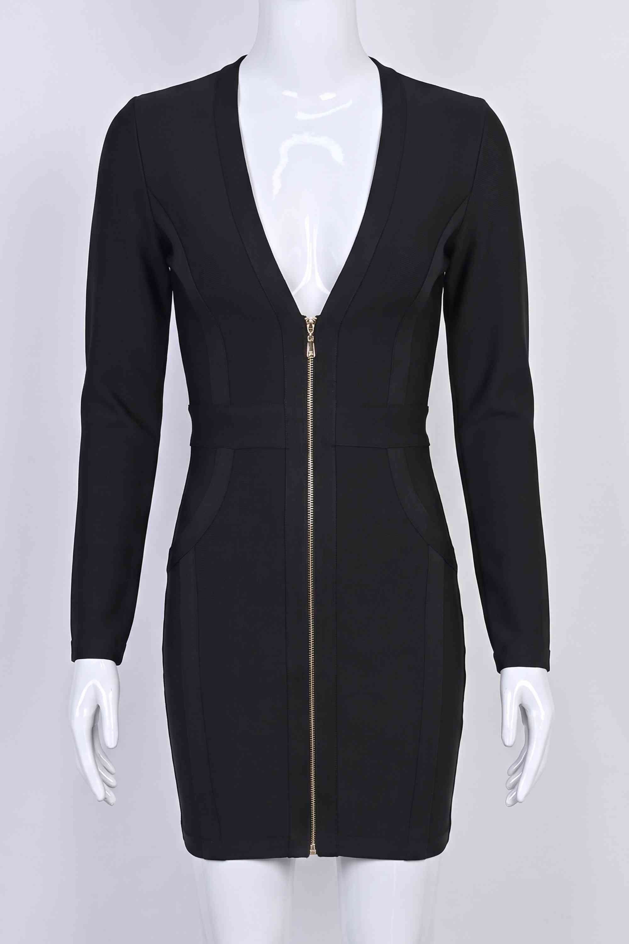 Woman wearing a figure flattering  Eva Long Sleeve Bandage Mini Dress - Classic Black BODYCON COLLECTION