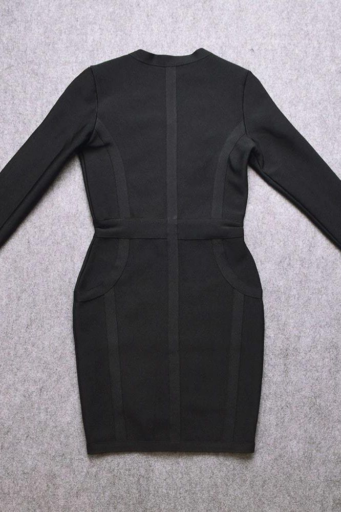 Woman wearing a figure flattering  Eva Long Sleeve Bandage Mini Dress - Classic Black BODYCON COLLECTION