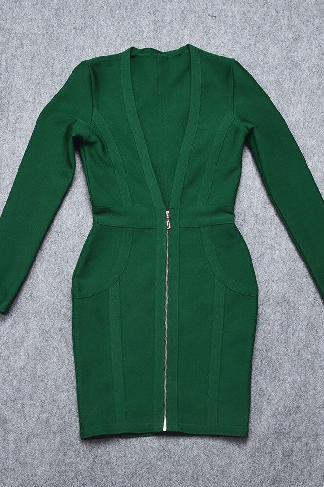 Woman wearing a figure flattering  Eva Long Sleeve Bandage Mini Dress - Emerald Green BODYCON COLLECTION