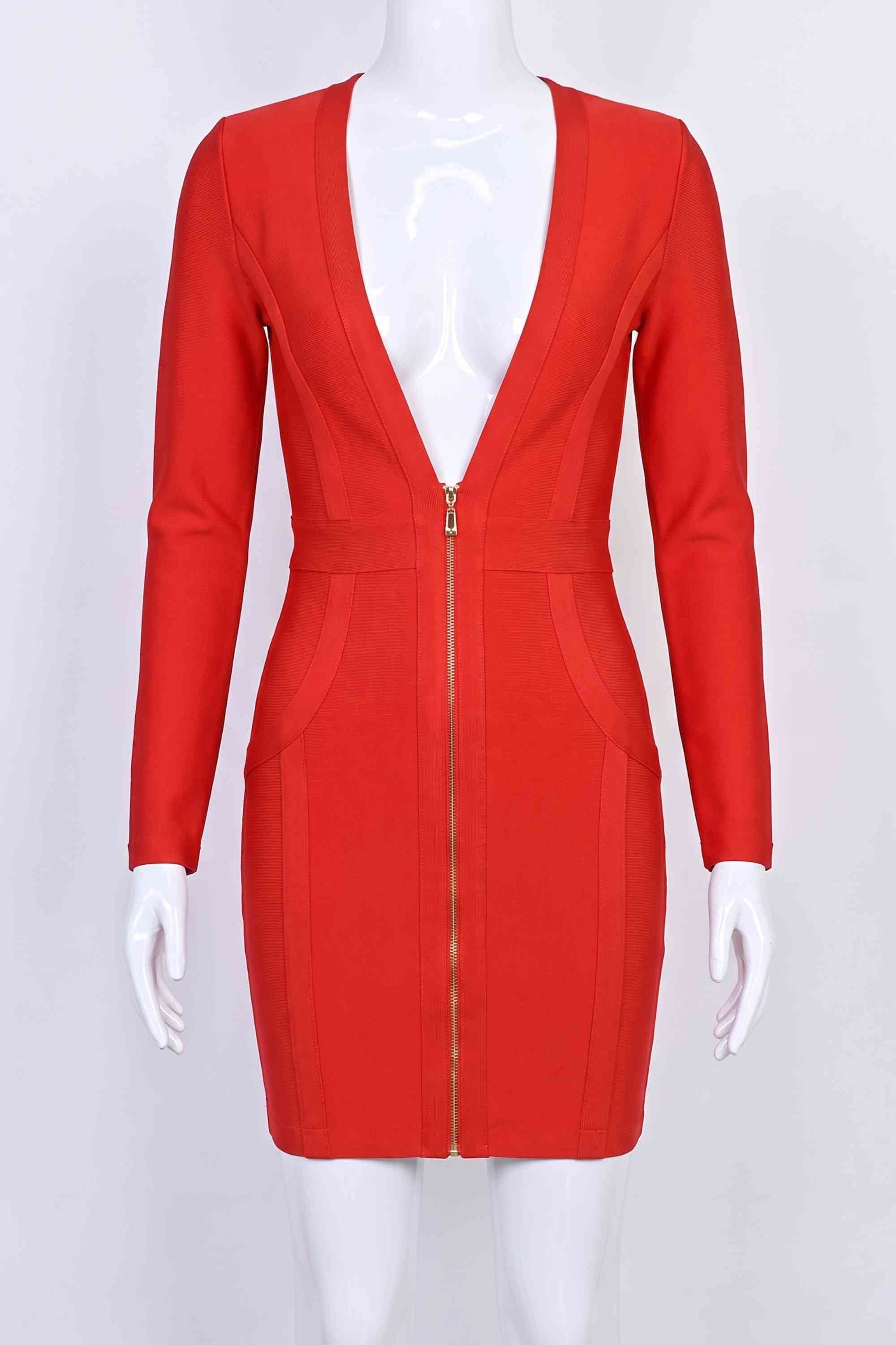 Woman wearing a figure flattering  Eva Long Sleeve Bandage Mini Dress - Lipstick Red BODYCON COLLECTION