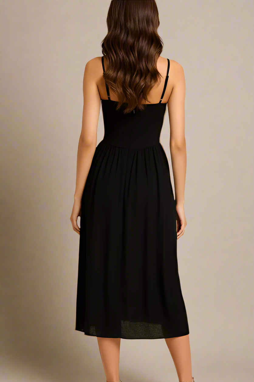 Woman wearing a figure flattering  Everly Midi Dress - Classic Black BODYCON COLLECTION