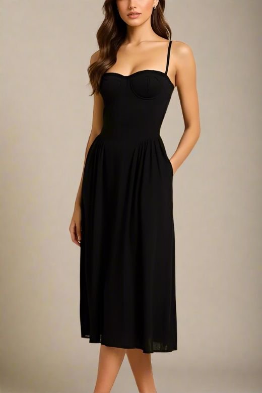 Woman wearing a figure flattering  Everly Midi Dress - Classic Black BODYCON COLLECTION