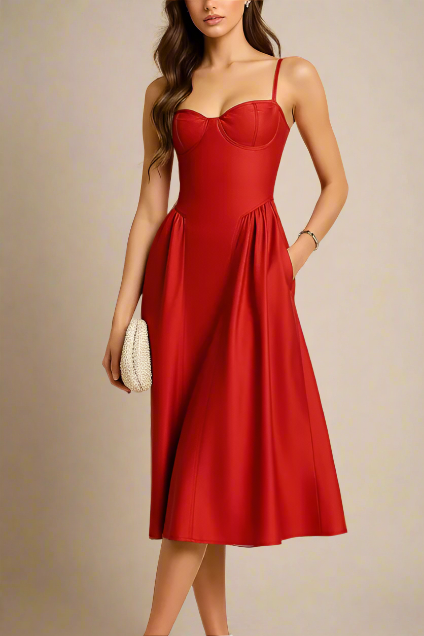 Woman wearing a figure flattering  Everly Midi Dress - Lipstick Red BODYCON COLLECTION