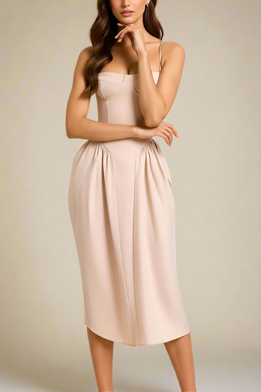 Woman wearing a figure flattering  Everly Midi Dress - Peach BODYCON COLLECTION