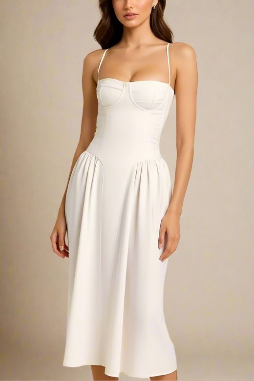 Woman wearing a figure flattering  Everly Midi Dress - White Pearl BODYCON COLLECTION