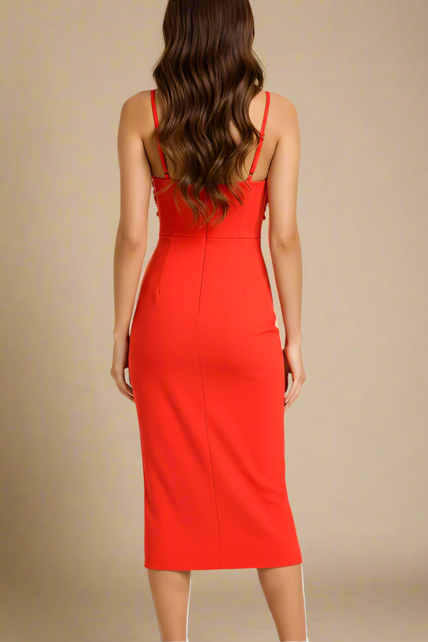 Woman wearing a figure flattering  Faye Bandage Midi Dress - Lipstick Red BODYCON COLLECTION