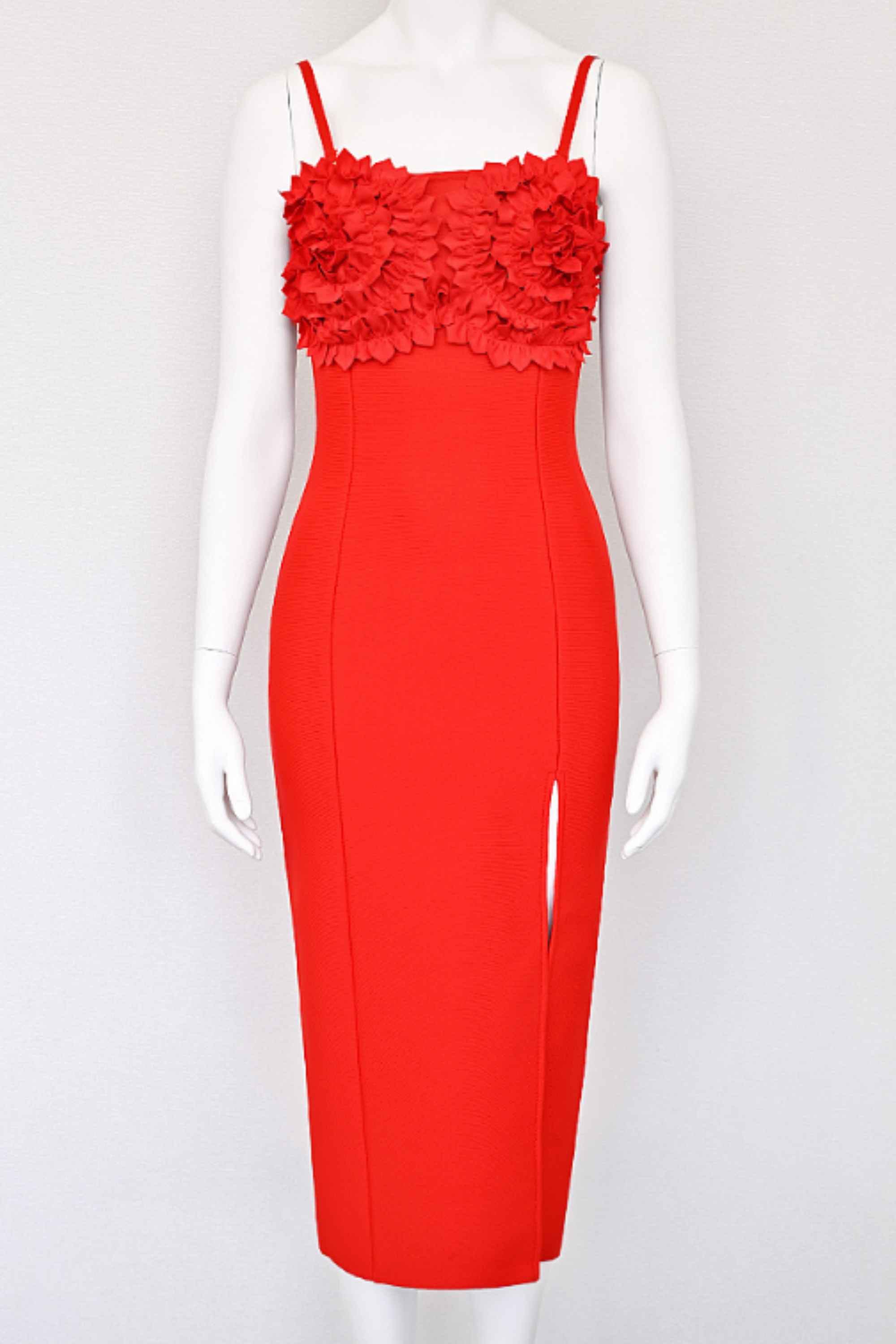 Woman wearing a figure flattering  Faye Bandage Midi Dress - Lipstick Red BODYCON COLLECTION