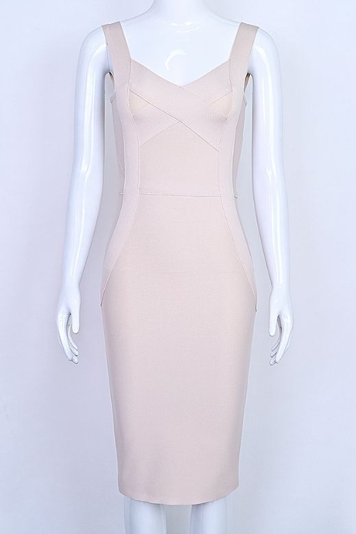 Woman wearing a figure flattering  Freya Bandage Dress - Beige BODYCON COLLECTION