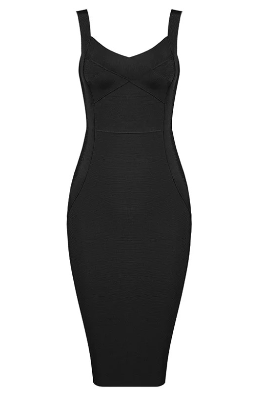Woman wearing a figure flattering  Freya Bandage Midi Dress - Classic Black BODYCON COLLECTION