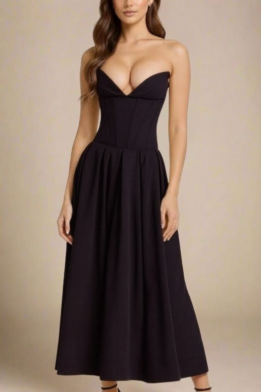 Woman wearing a figure flattering  Gabbi Bodycon Midi Dress - Classic Black BODYCON COLLECTION