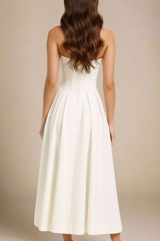 Woman wearing a figure flattering  Gabbi Bodycon Midi Dress - White Pearl BODYCON COLLECTION