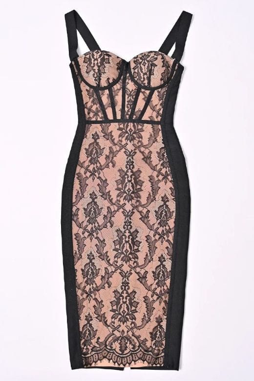 Woman wearing a figure flattering  Genevieve Bodycon Lace Midi Dress - Classic Black BODYCON COLLECTION