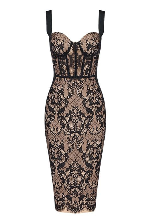 Woman wearing a figure flattering  Genevieve Bodycon Lace Midi Dress - Classic Black BODYCON COLLECTION
