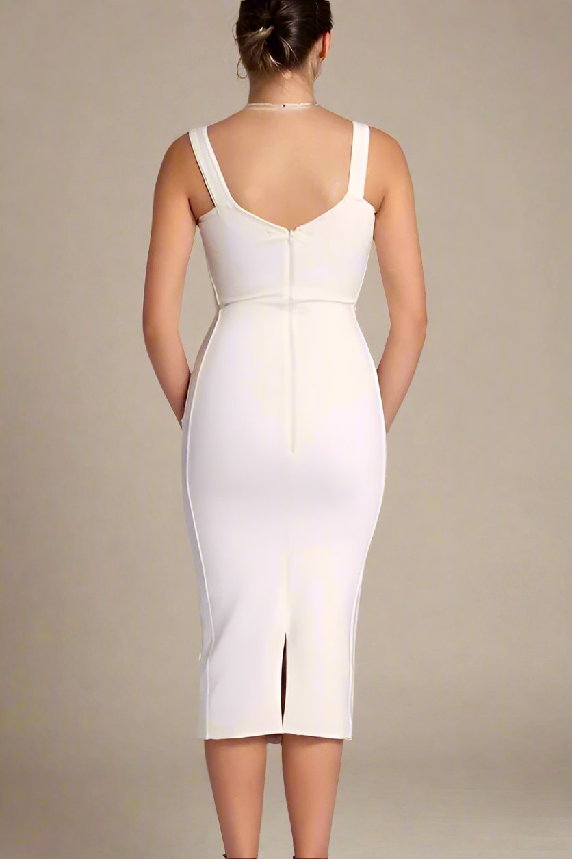 Woman wearing a figure flattering  Genevieve Bodycon Lace Midi Dress - Pearl White BODYCON COLLECTION