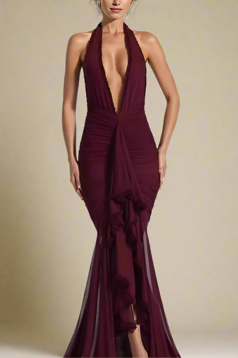 Woman wearing a figure flattering  Georgie Bodycon Wrap Maxi Dress - Red Wine BODYCON COLLECTION Pty Ltd