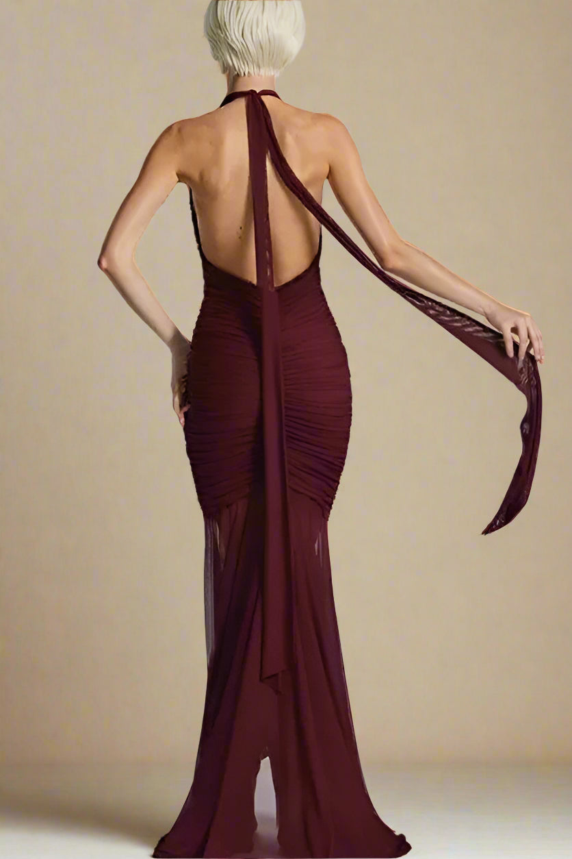 Woman wearing a figure flattering  Georgie Bodycon Wrap Maxi Dress - Red Wine BODYCON COLLECTION Pty Ltd