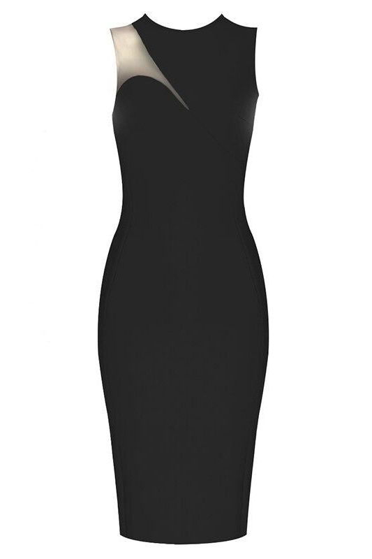 Woman wearing a figure flattering  Gia Bandage Dress - Classic Black BODYCON COLLECTION