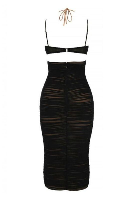 Woman wearing a figure flattering  Giselle Bodycon Wrap Midi Dress - Classic Black BODYCON COLLECTION