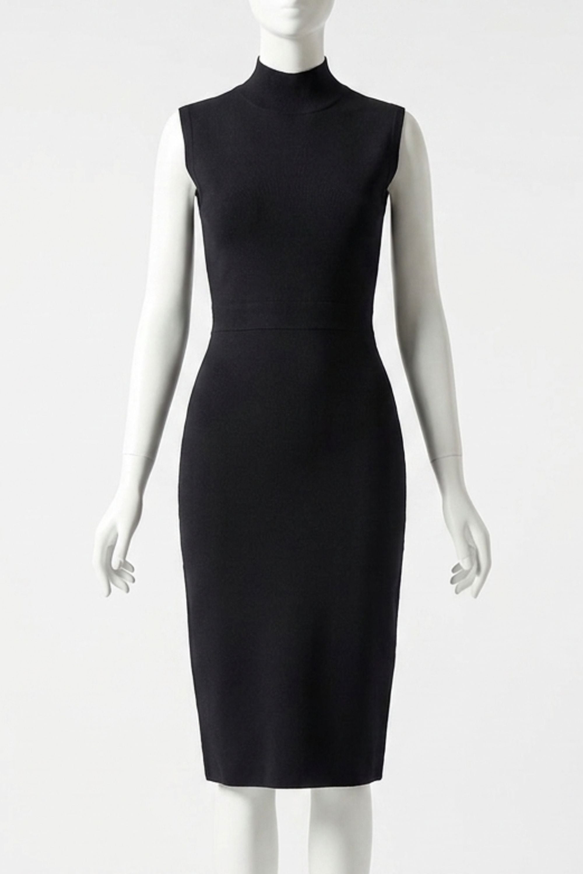Woman wearing a figure flattering  Grace Bandage Midi Dress - Classic Black Bodycon Collection