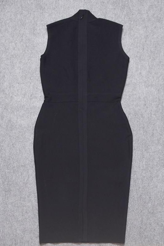 Woman wearing a figure flattering  Grace Bandage Midi Dress - Classic Black Bodycon Collection