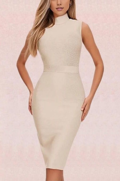 Woman wearing a figure flattering  Grace Bandage Midi Dress - Cream Bodycon Collection