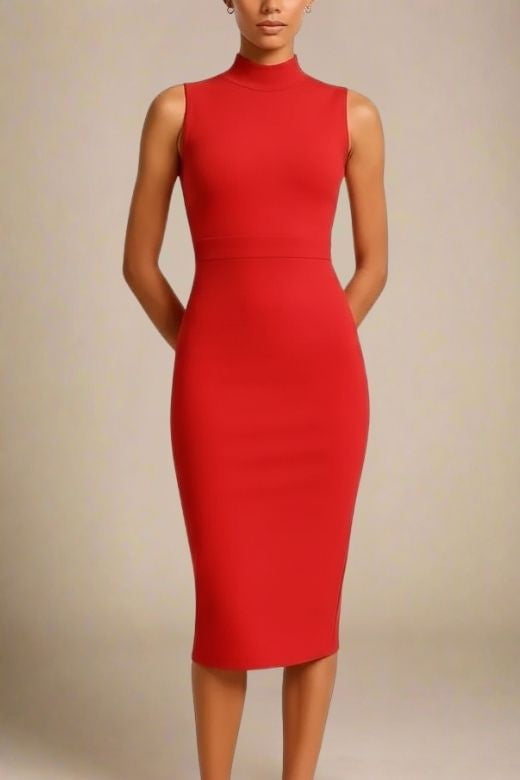 Woman wearing a figure flattering  Grace Bandage Midi Dress - Lipstick Red Bodycon Collection