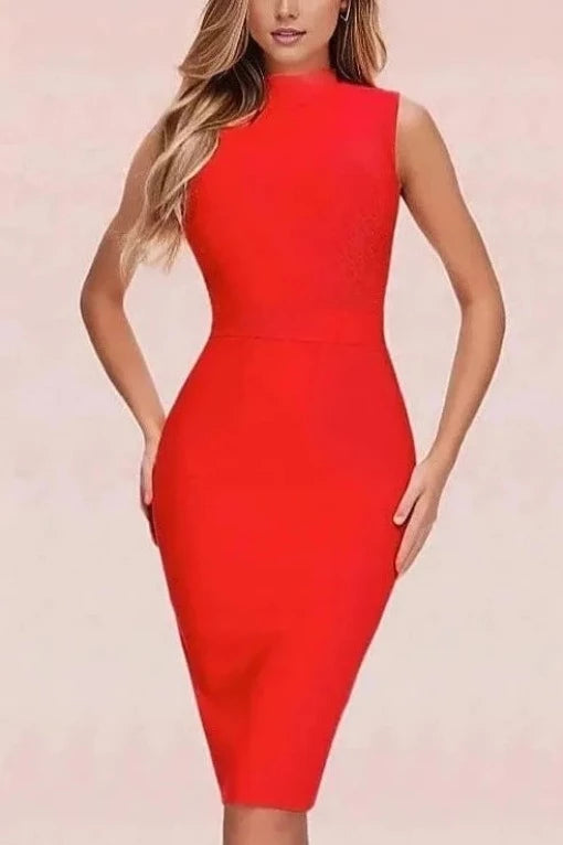 Woman wearing a figure flattering  Grace Bandage Midi Dress - Lipstick Red Bodycon Collection