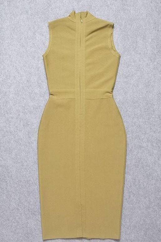 Woman wearing a figure flattering  Grace Bandage Midi Dress - Olive Green Bodycon Collection