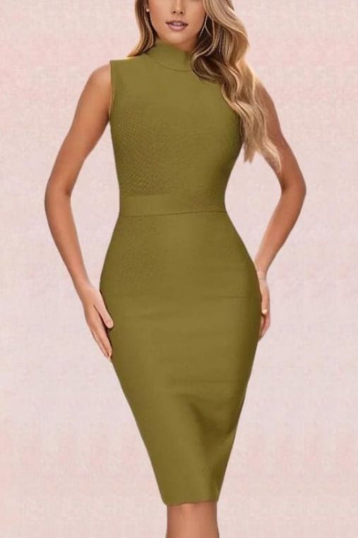 Woman wearing a figure flattering  Grace Bandage Midi Dress - Olive Green Bodycon Collection