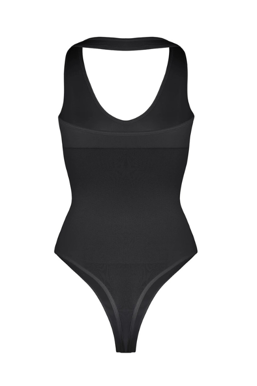 Woman wearing a figure flattering  Halter Neck One Piece Bodysuit Shapewear - Thong BODYCON COLLECTION