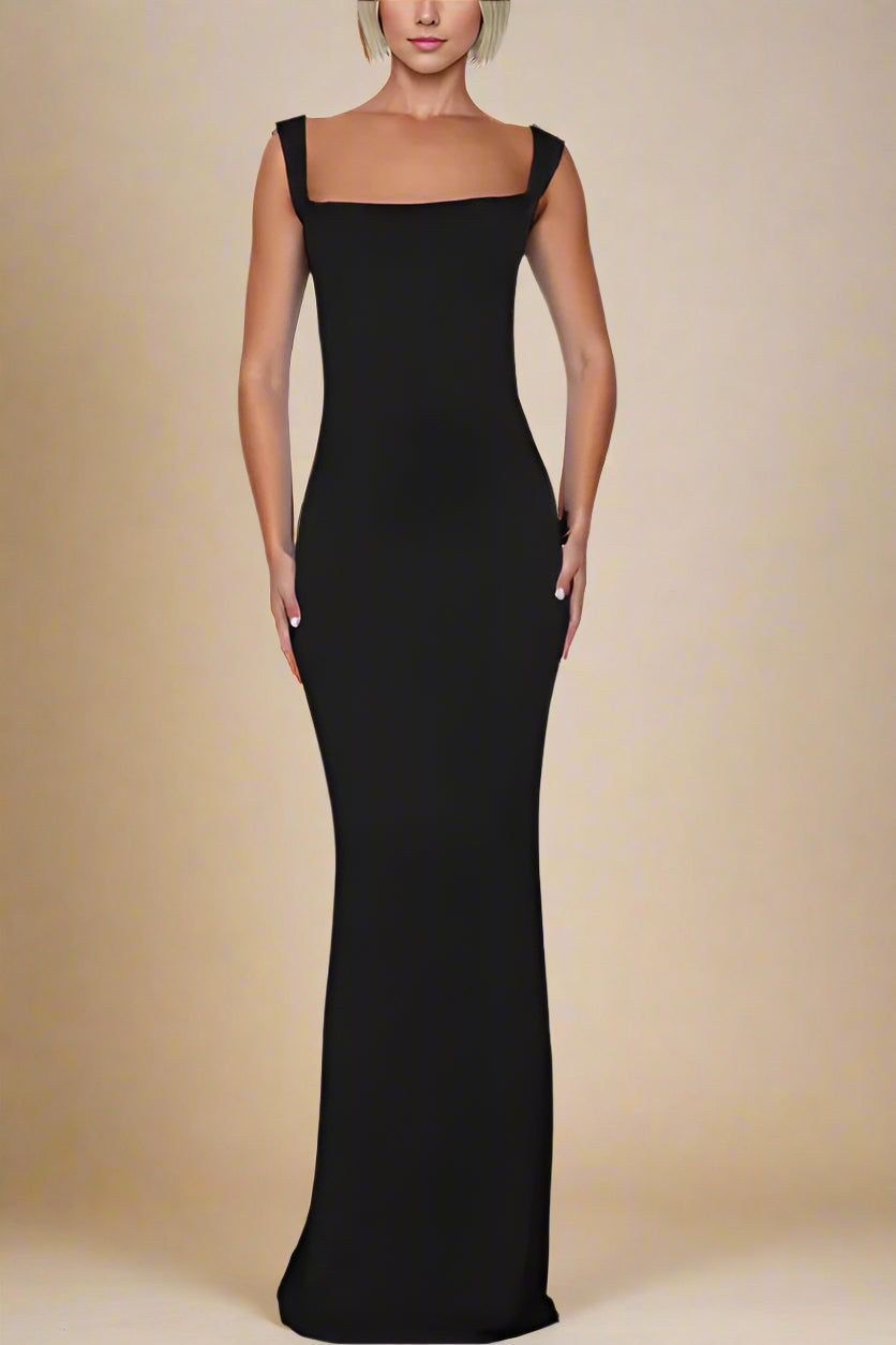 Woman wearing a figure flattering  Harper Bodycon Maxi Dress - Classic Black BODYCON COLLECTION