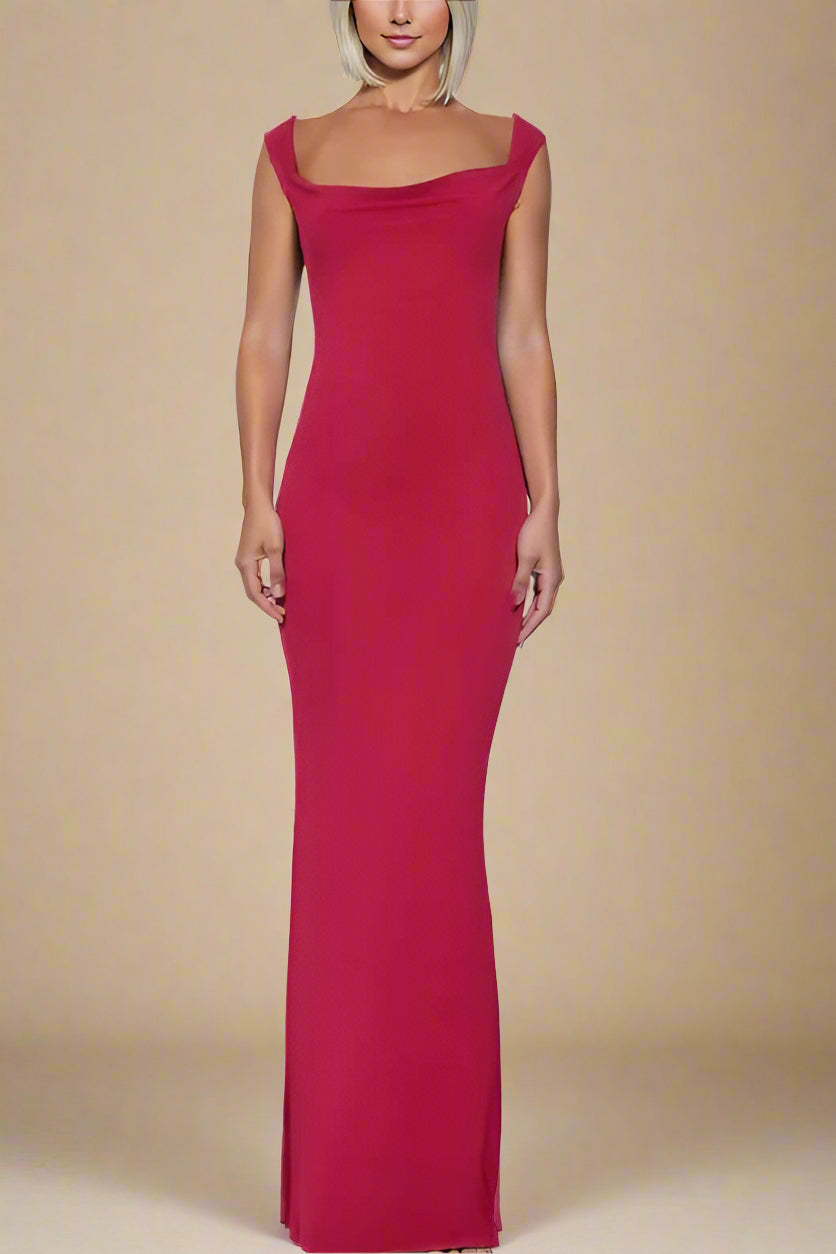 Woman wearing a figure flattering  Harper Bodycon Maxi Dress - Lipstick Red BODYCON COLLECTION