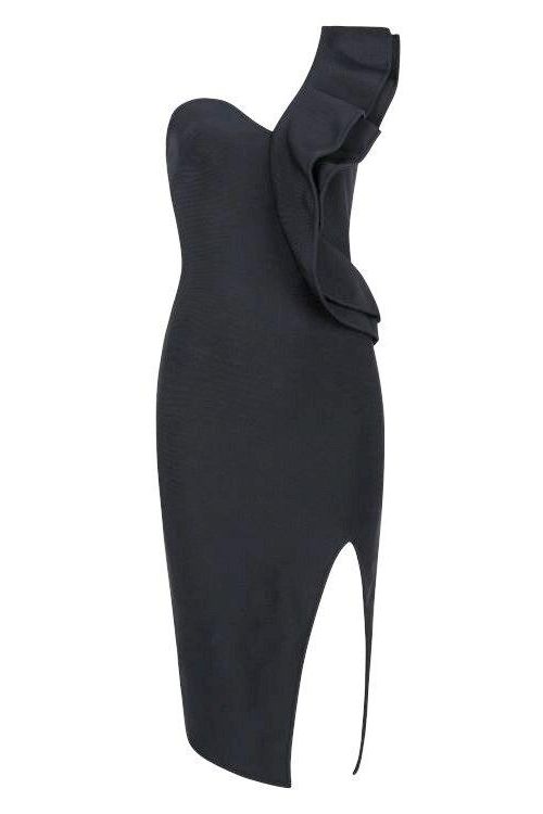 Woman wearing a figure flattering  Hayley Bodycon Dress - Classic Black Bodycon Collection