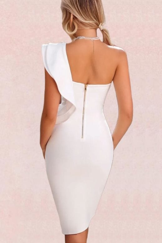 Woman wearing a figure flattering  Hayley Bodycon Dress - Pearl White Bodycon Collection