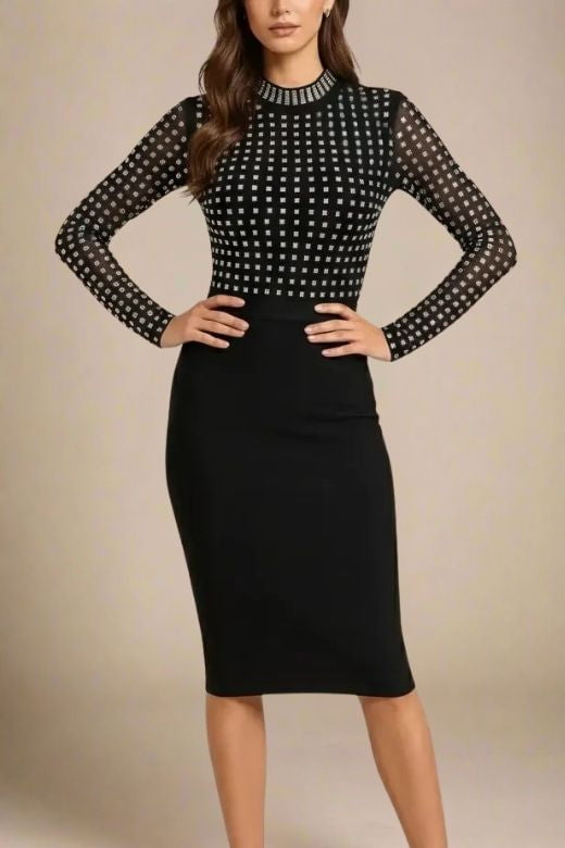 Woman wearing a figure flattering  Hazel Long Sleeve Bodycon Dress - Classic Black BODYCON COLLECTION Pty Ltd