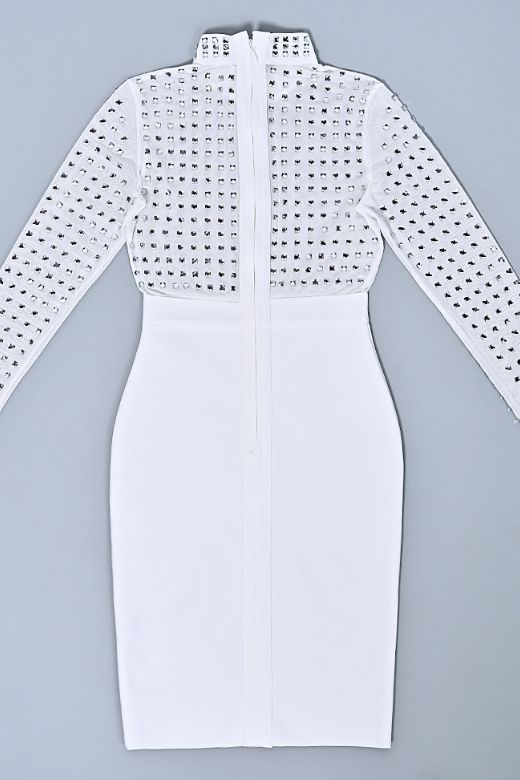 Woman wearing a figure flattering  Hazel Long Sleeve Bodycon Dress - White Pearl BODYCON COLLECTION Pty Ltd