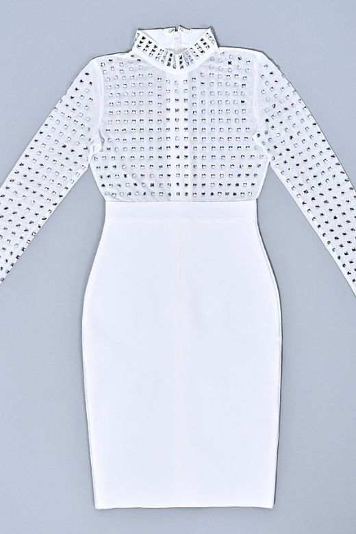 Woman wearing a figure flattering  Hazel Long Sleeve Bodycon Dress - White Pearl BODYCON COLLECTION Pty Ltd