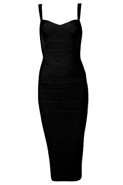 Woman wearing a figure flattering  Heidi Bandage Midi Dress - Classic Black Bodycon Collection