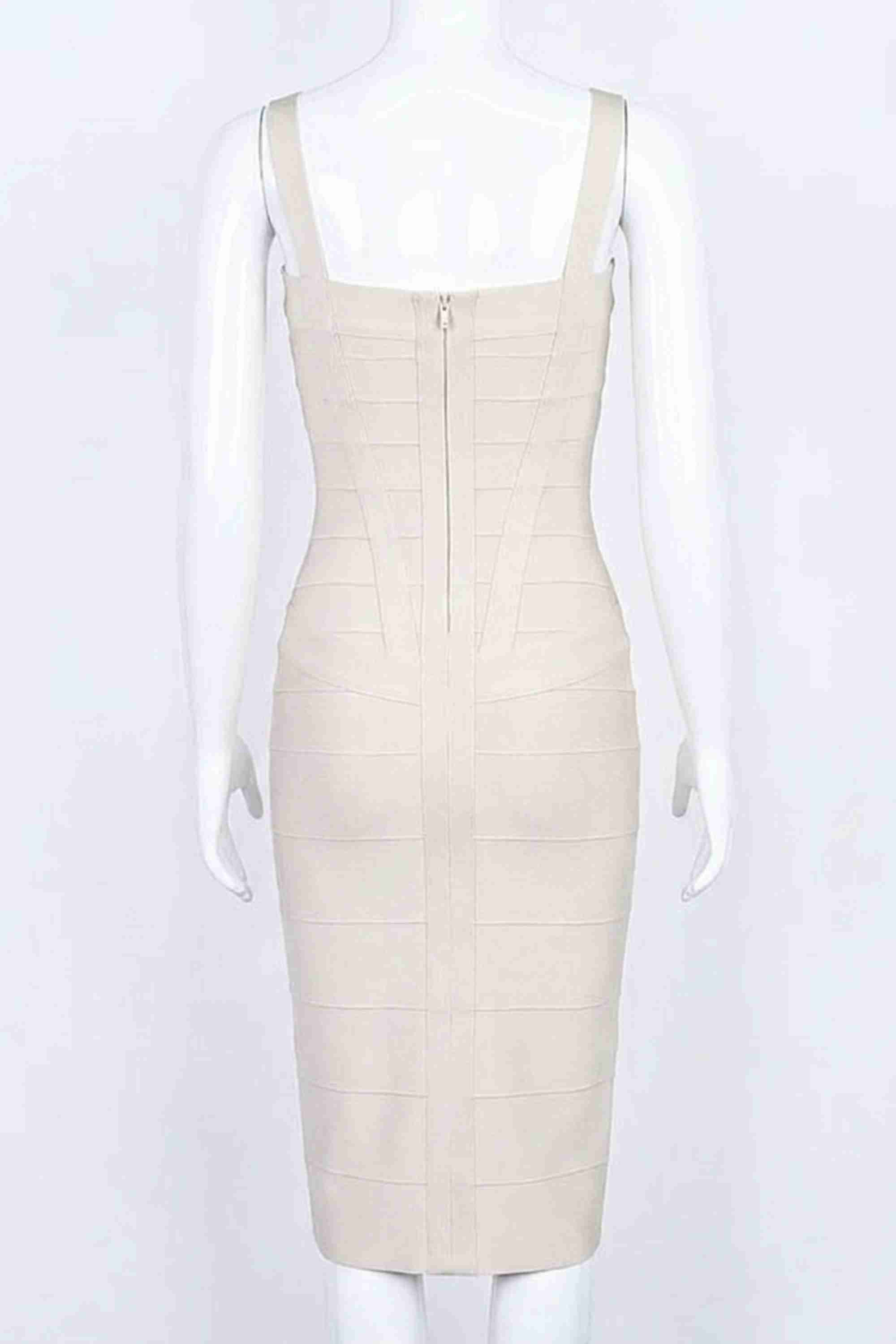 Woman wearing a figure flattering  Heidi Bandage Midi Dress - Cream Bodycon Collection