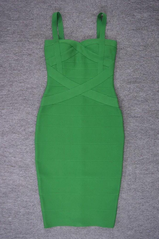 Woman wearing a figure flattering  Heidi Bandage Midi Dress - Emerald Green Bodycon Collection