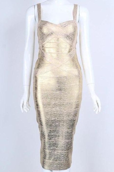 Woman wearing a figure flattering  Heidi Bandage Midi Dress - Gold BODYCON COLLECTION