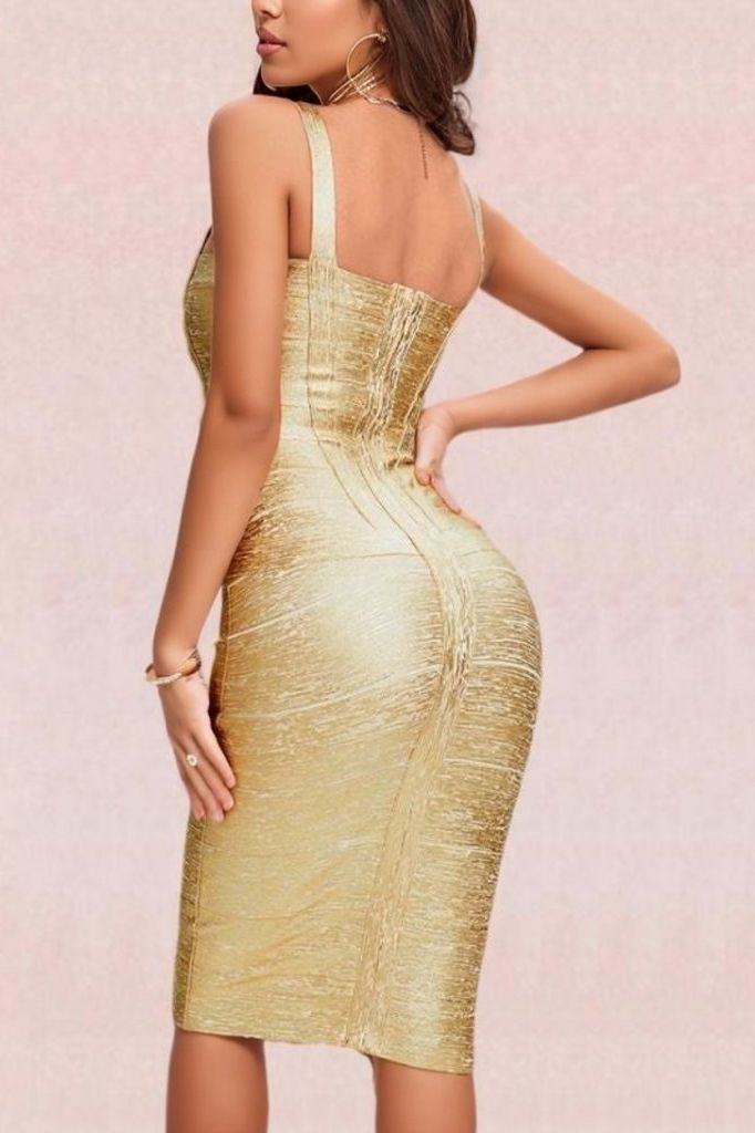 Woman wearing a figure flattering  Heidi Bandage Midi Dress - Gold BODYCON COLLECTION