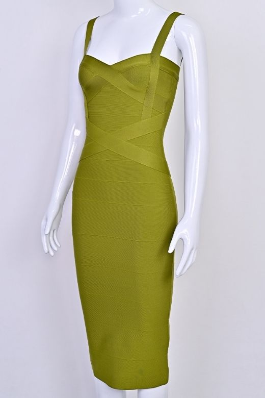 Woman wearing a figure flattering  Heidi Bandage Midi Dress - Olive Green Bodycon Collection